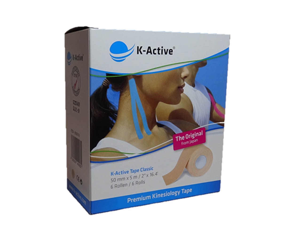 Beiges K-Active Classic Kinesiologie Tape (5cm x 5m) auf der Rolle, hautfarbenes Original-Tape für diskrete Therapieanwendungen.