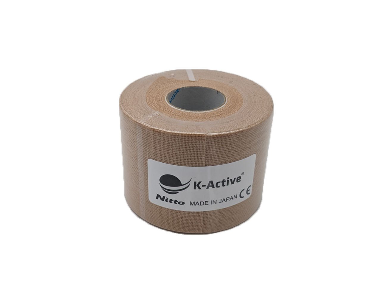 Beiges K-Active Classic Kinesiologie Tape (5cm x 5m) auf der Rolle, hautfarbenes Original-Tape für diskrete Therapieanwendungen.