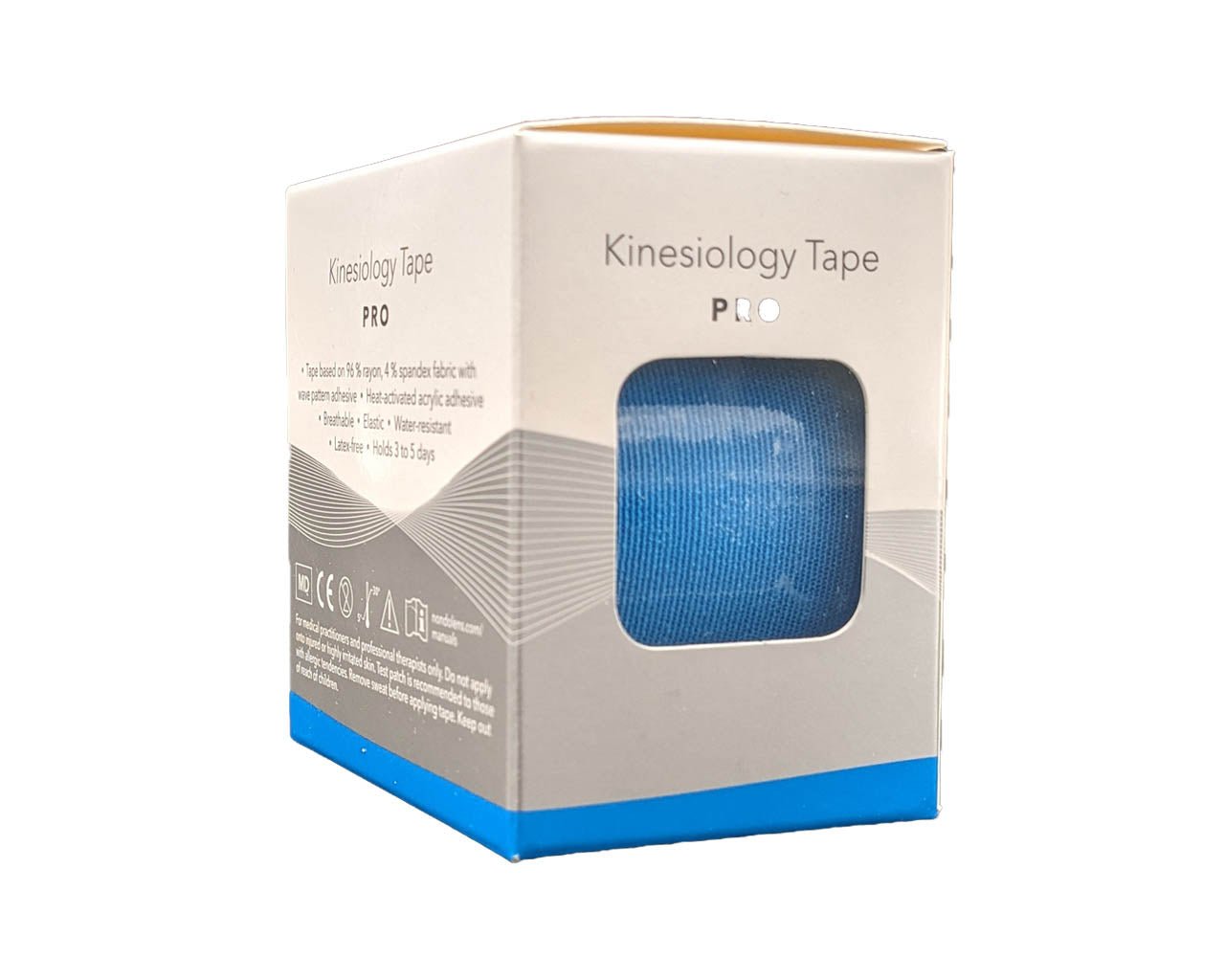 Rolle blaues Non Dolens Kinesiotape, 5 cm breit, mit Wellenkleber-Struktur für optimale Hautverträglichkeit und Sport-Anwendungen.